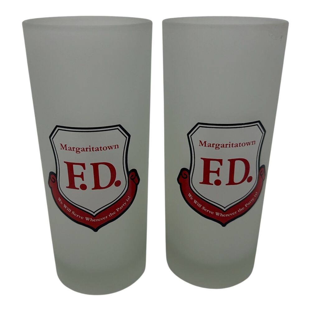 2 Margaritatown F.D. Fire Department Frosted Highball Glasses Margaritaville